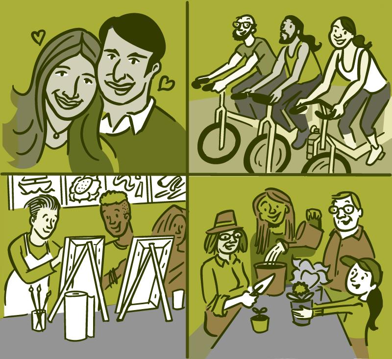 Collage of four illustrations of people making social connections