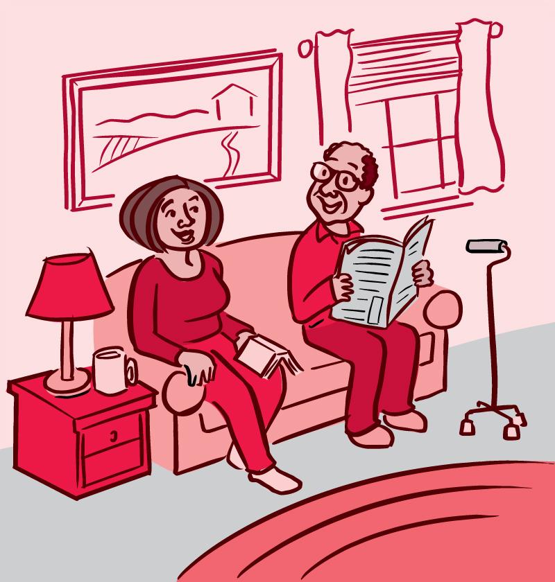 Illustration of a man and woman talking on the sofa