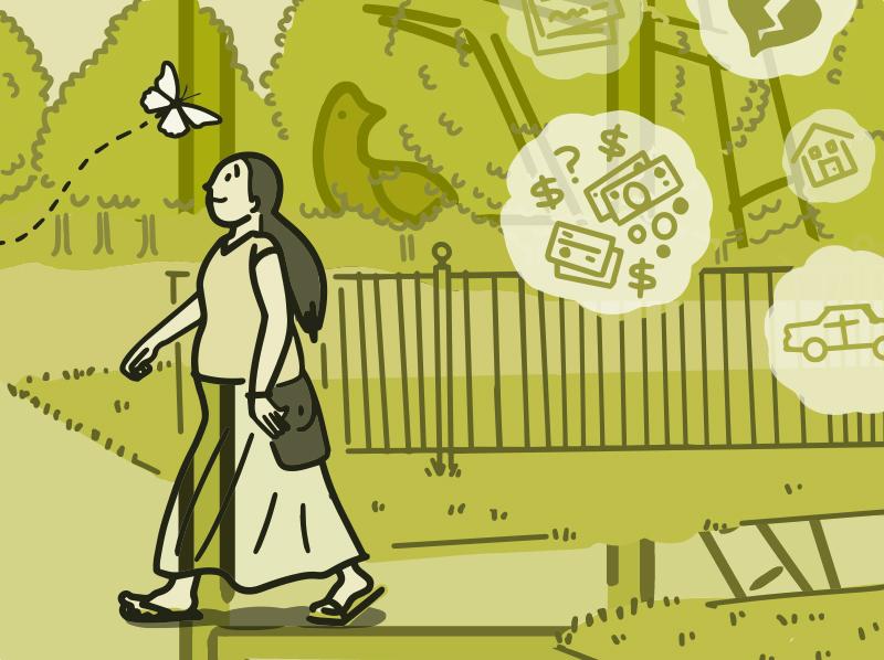 Illustration of a woman focusing on a butterfly as her worries float away