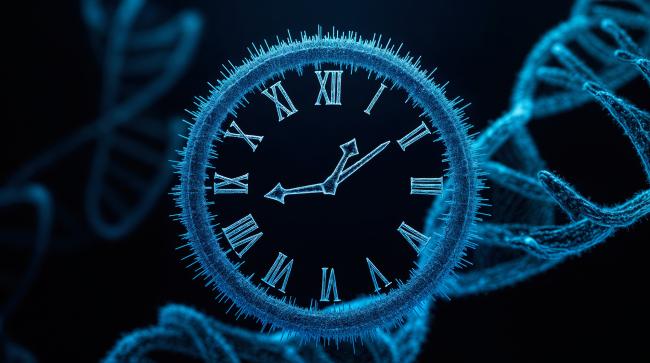 Futuristic illustration of a clock on a DNA helix, all glowing blue on dark background.