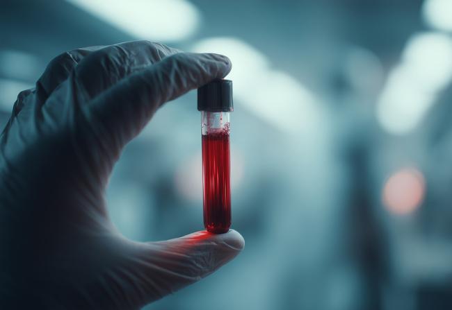 Gloved hand holding a test tube with blood.