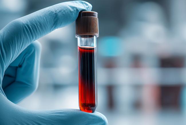 gloved hand holding vial of blood