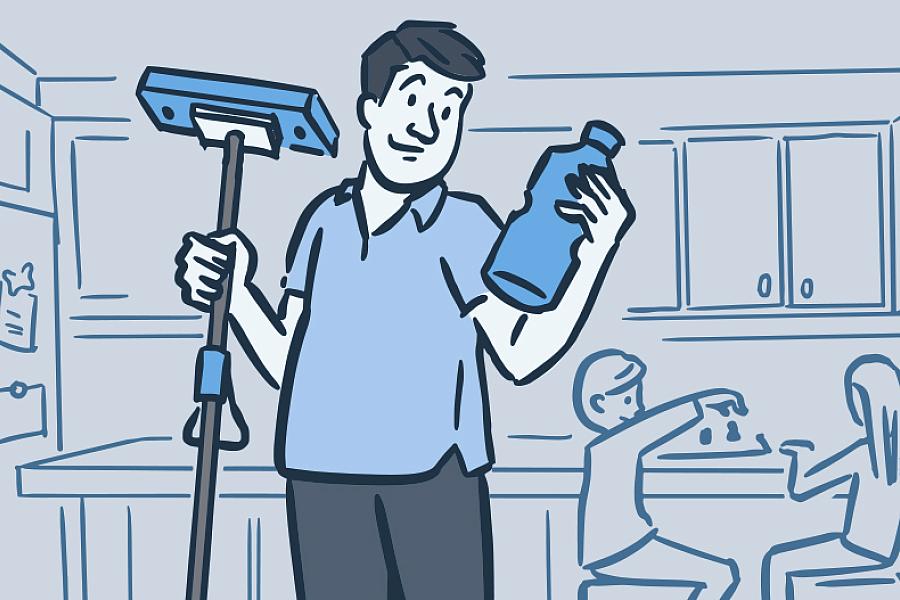 Illustration of a dad holding a mop and reading the label on a bottle of cleaning fluid in a kitchen