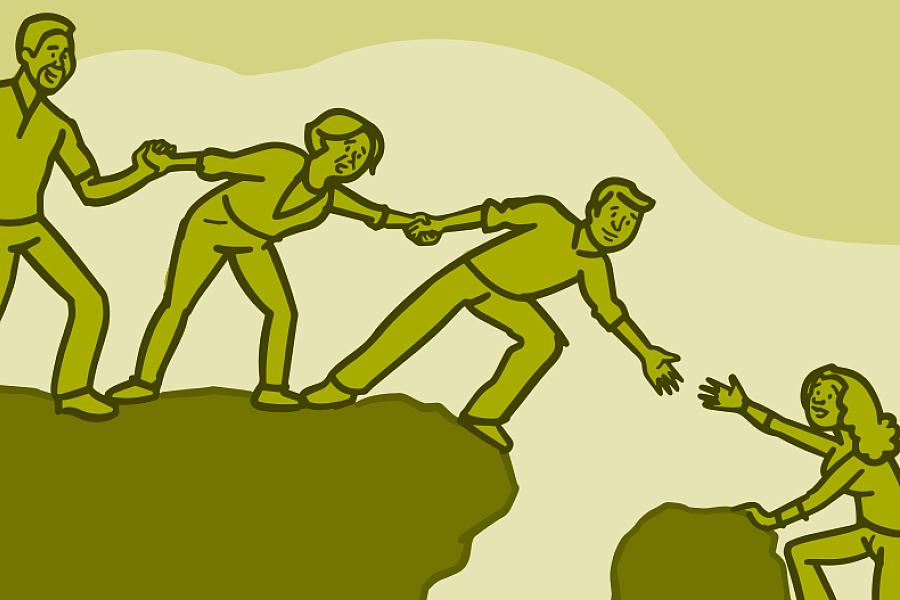 Illustration of a group of people helping a person over a crevice on a mountain