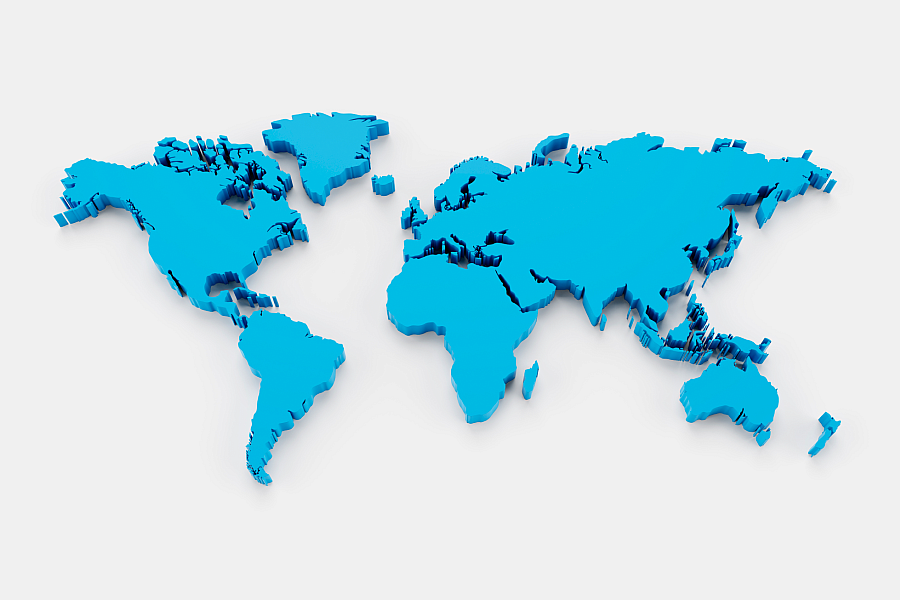 Three-dimensional world map in blue on a white background