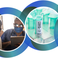 Collage of circular shapes and photos representing COVID-19 research