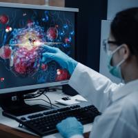 A researcher pointing to a molecular structure on a computer monitor.