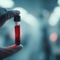 Gloved hand holding a test tube with blood.